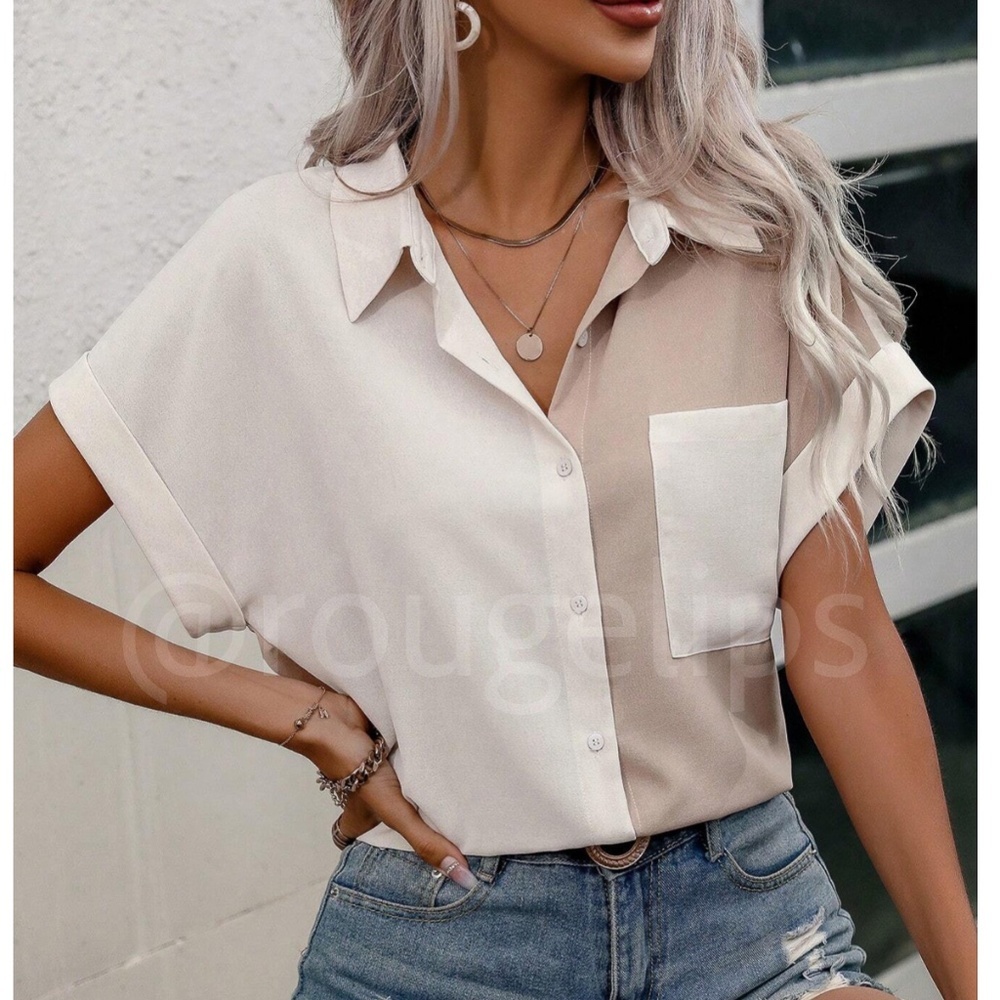 Rolled Up Batwing Sleeves Color Block 2 Tone Button Down Shirt Tan Beige